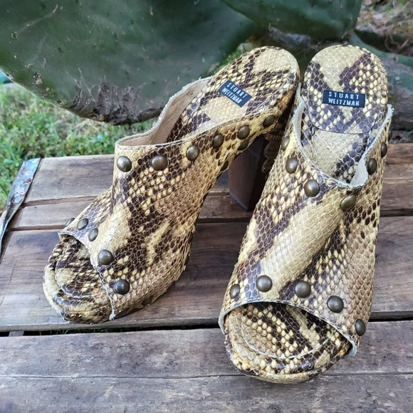 Patent Leather Snake Skin Pint Stuart Weizmann Slides - Picture 2 of 7